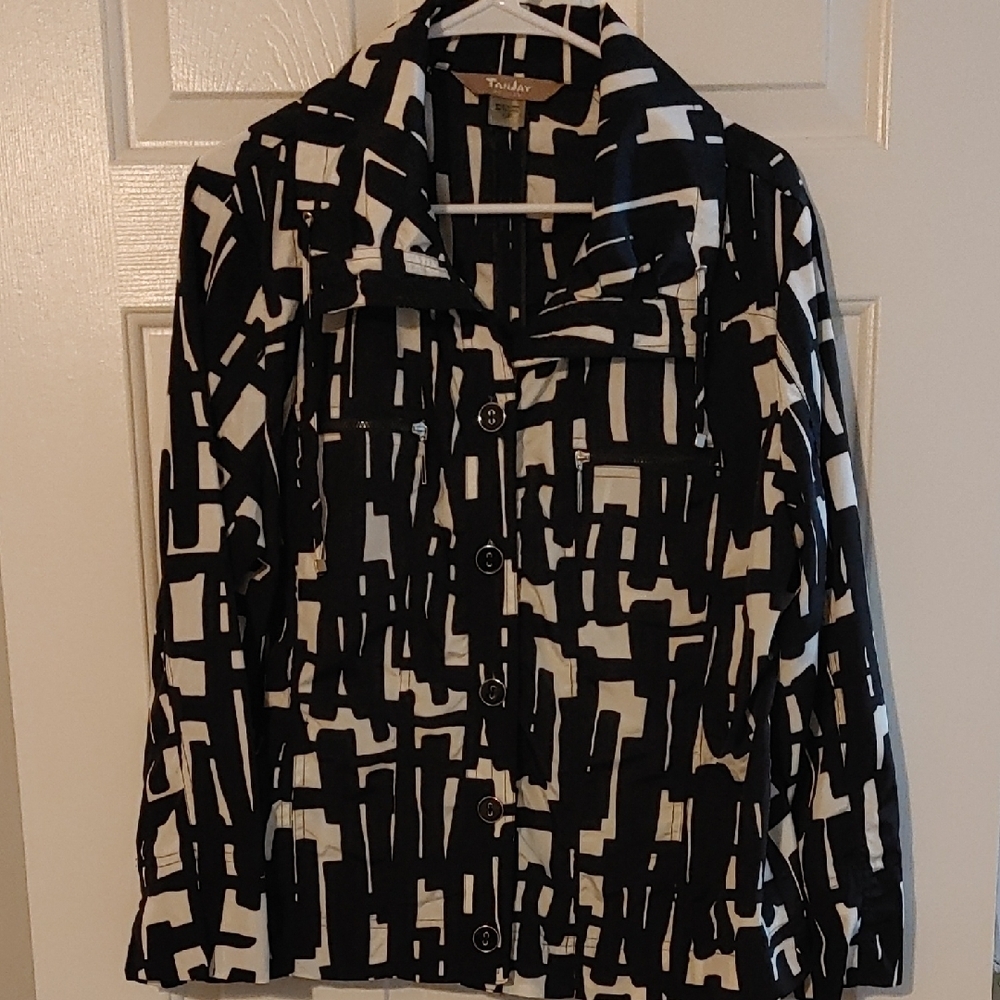 Rain Jacket by TanJay Black & White Geometric Patterned Size 12P Waterproof EUC - Picture 2 of 8